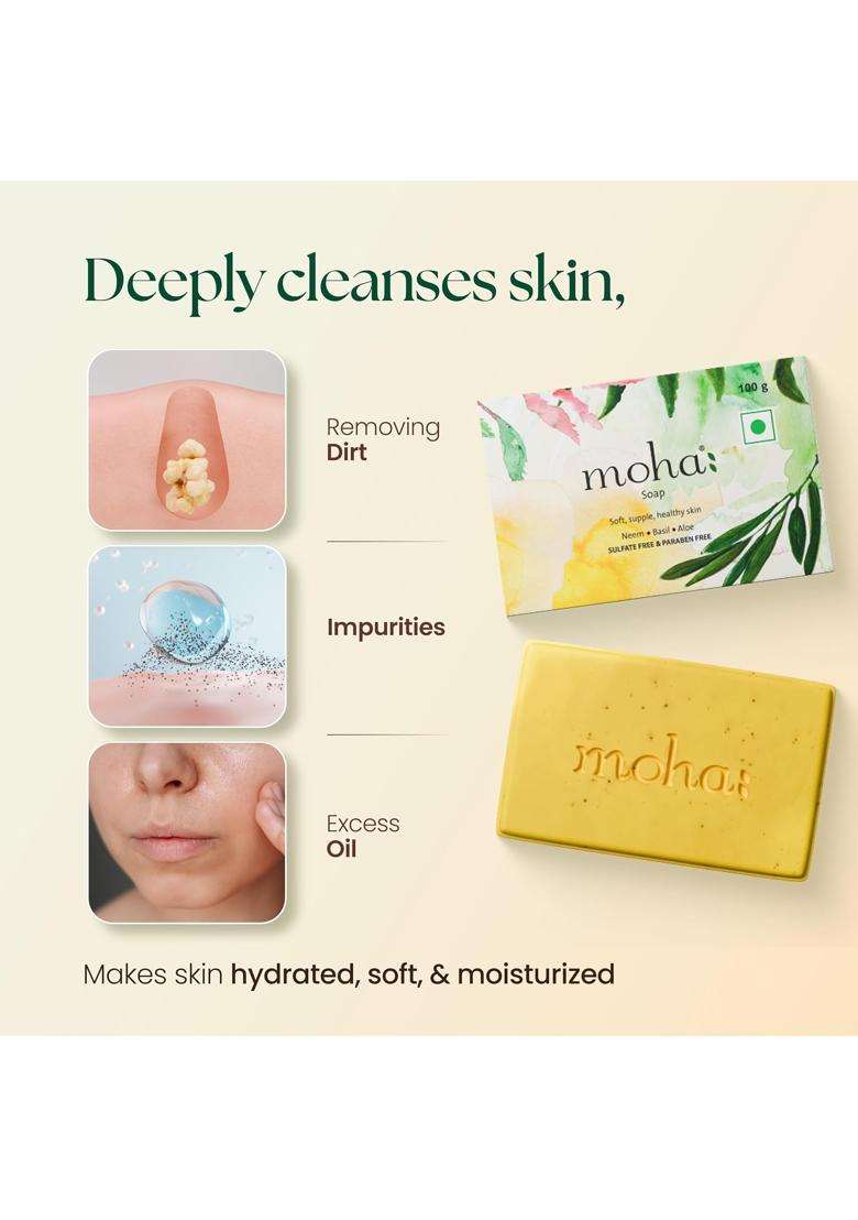 Moha Herbal Bathing Soap with Neem, Tulsi & Aloe Vera for Soft, Supple & Healthy Skin 100 g (Pack of 3) | Natural Herbal Care - Indya