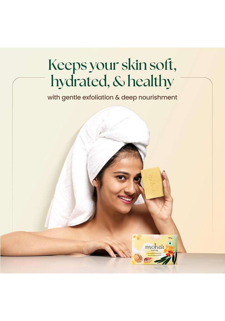 Moha Almond Oil & Honey Scrub Soap with Walnut Powder for Soft, Youthful & Radiant Look 100 g (Pack of 3) | Authentic Traditional Formula - Indya