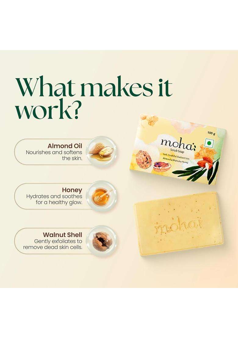 Moha Almond Oil & Honey Scrub Soap with Walnut Powder for Soft, Youthful & Radiant Look 100 g (Pack of 3) | Authentic Traditional Formula - Indya
