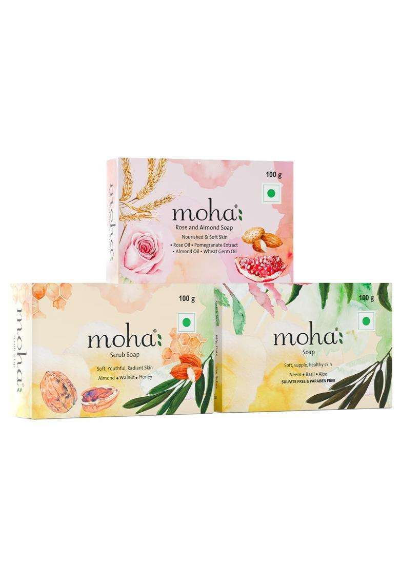 Moha Herbal, Scrub, and Rose & Almond Soap Pack 100 g (Pack of 3) | Authentic Traditional Formula | Ayurvedic Daily Care Bathing Bar for Men & Women - Indya