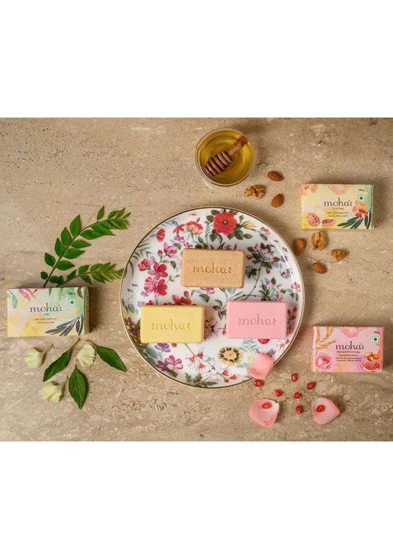 Moha Herbal, Scrub, and Rose & Almond Soap Pack 100 g (Pack of 3) | Authentic Traditional Formula | Ayurvedic Daily Care Bathing Bar for Men & Women - Indya