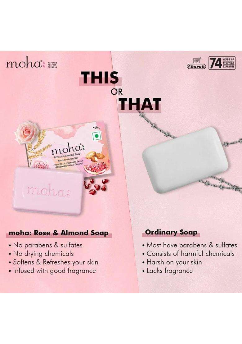 Moha Herbal, Scrub, and Rose & Almond Soap Pack 100 g (Pack of 3) | Authentic Traditional Formula | Ayurvedic Daily Care Bathing Bar for Men & Women - Indya