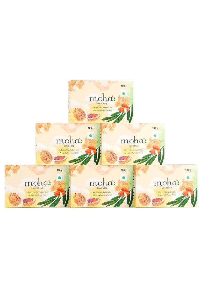 Moha Almond Oil & Honey Scrub Soap with Walnut Powder for Soft, Youthful & Radiant Look 100 g (Pack of 6) | Authentic Traditional Formula - Indya