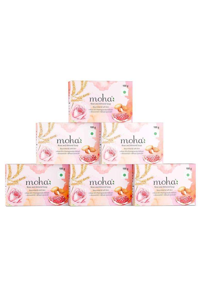 Moha Herbal Rose & Almond Soap 100g (Pack of 6) | Natural Herbal Care | Promote Youthful Radiance & Helps Rejuvenate Body Soaps for Face & Bath - Indya
