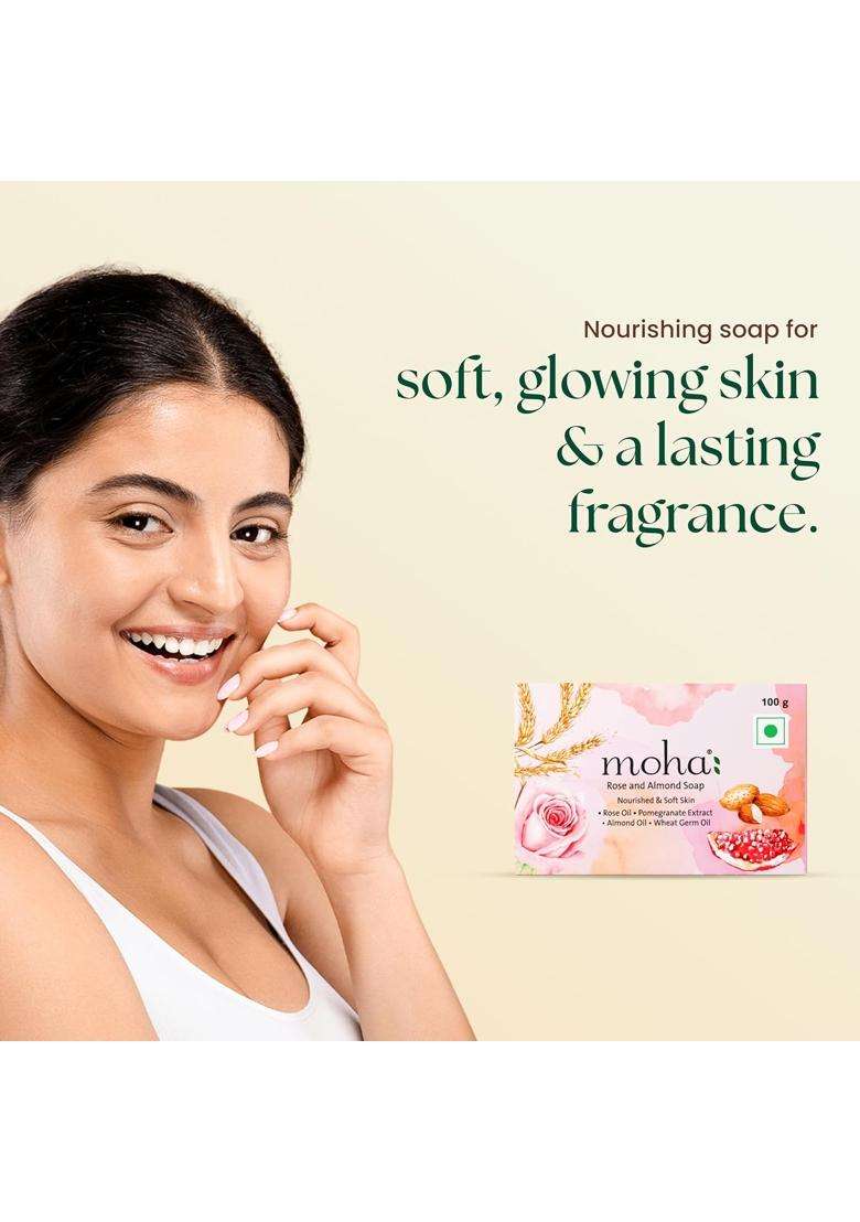 Moha Herbal Rose & Almond Soap 100g (Pack of 6) | Natural Herbal Care | Promote Youthful Radiance & Helps Rejuvenate Body Soaps for Face & Bath - Indya