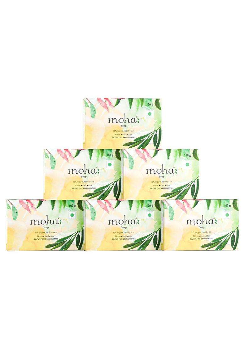 Moha Herbal Bathing Soap with Neem, Tulsi & Aloe Vera for Soft, Supple & Healthy Skin 100 g (Pack of 6) | Natural Herbal Care - Indya