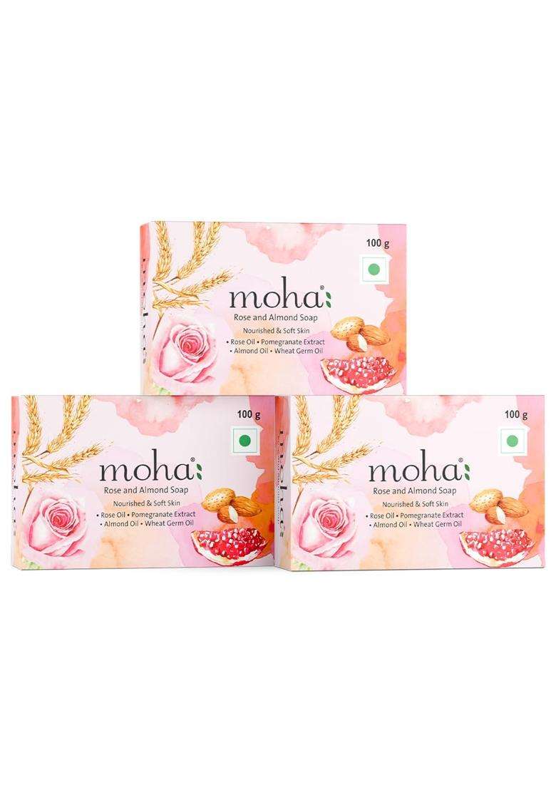 Moha Herbal Rose & Almond Soap 100g (Pack of 3) | Natural Herbal Care | Promote Youthful Radiance & Helps Rejuvenate Body Soaps for Face & Bath - Indya