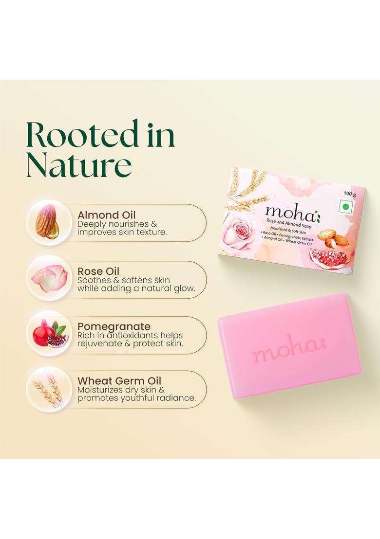 Moha Herbal Rose & Almond Soap 100g (Pack of 3) | Natural Herbal Care | Promote Youthful Radiance & Helps Rejuvenate Body Soaps for Face & Bath - Indya
