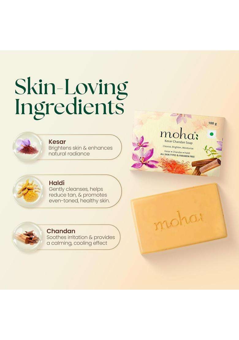 Moha Kesar Chandan Soap Bar 100g (Pack of 3) | Authentic Traditional Formula | Enriched with Saffron & Sandalwood - Indya