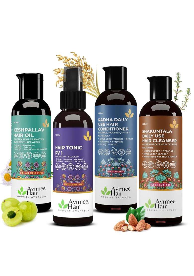 Avimee Herbal Keshpallav Hair Oil (100 ml) & Hairtone PV 1 Scalp Spray (100 ml) & Shakuntala Hair Shampoo (200 ml) & Radha hair Conditioner (200 ml) - Indya