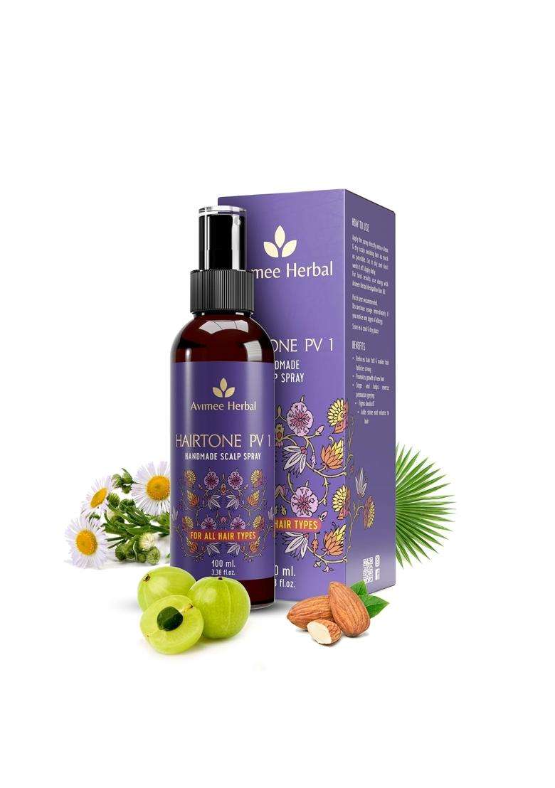 Avimee Herbal Keshpallav Hair Oil (100 ml) & Hairtone PV 1 Scalp Spray (100 ml) & Shakuntala Hair Shampoo (200 ml) & Radha hair Conditioner (200 ml) - Indya