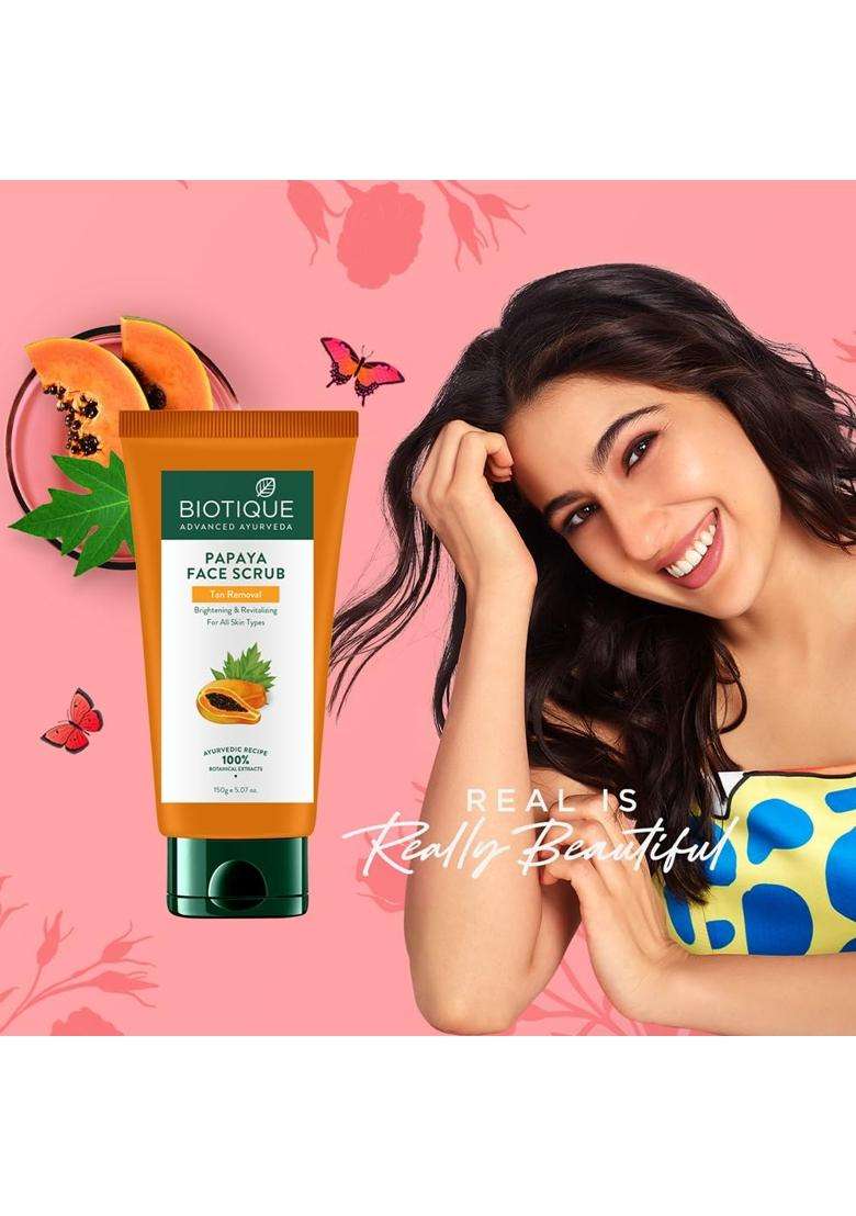 Biotique Papaya Tan Removal Brightening & Revitalizing Face Scrub 150g | Gentle Exfoliation | Smooth and Clear Complexation | 100% Botanical Extracts - Indya