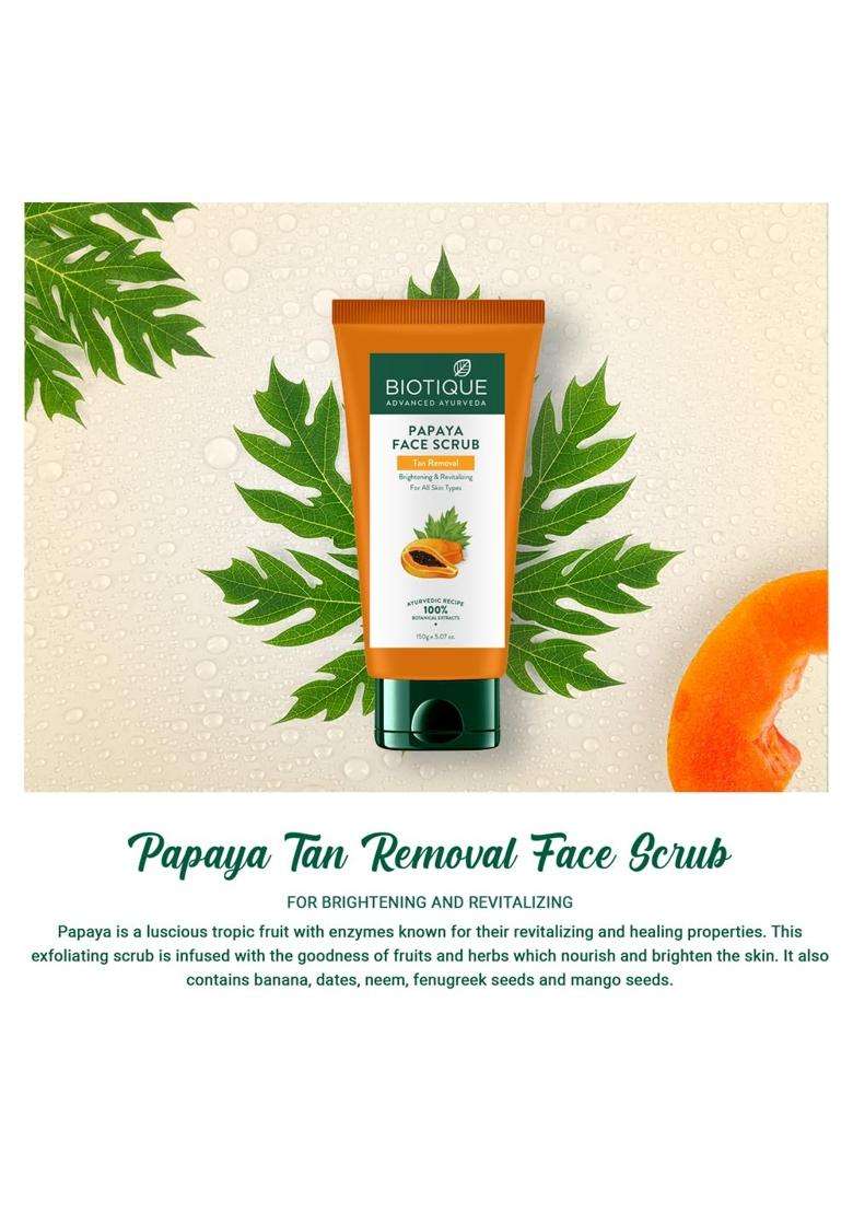 Biotique Papaya Tan Removal Brightening & Revitalizing Face Scrub 150g | Gentle Exfoliation | Smooth and Clear Complexation | 100% Botanical Extracts - Indya