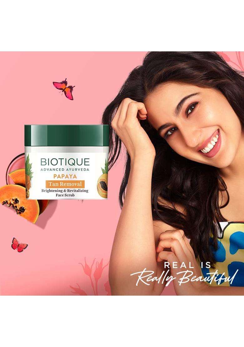 Biotique Papaya Tan Removal Brightening & Revitalizing Face Scrub 75g | Gentle Exfoliation | Smooth and Clear Complexation | 100% Botanical Extracts - Indya
