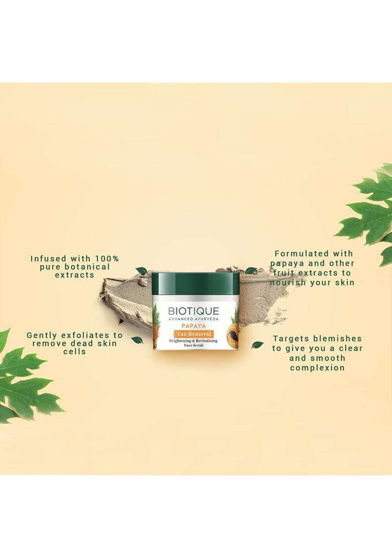 Biotique Papaya Tan Removal Brightening & Revitalizing Face Scrub 75g | Gentle Exfoliation | Smooth and Clear Complexation | 100% Botanical Extracts - Indya