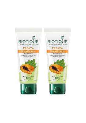Biotique Papaya Deep Cleanse Face Wash 2x100 ml | Gentle Exfoliation | Visibly Glowing Skin | 100% Botanical Extracts | Suitable for All Skin Types