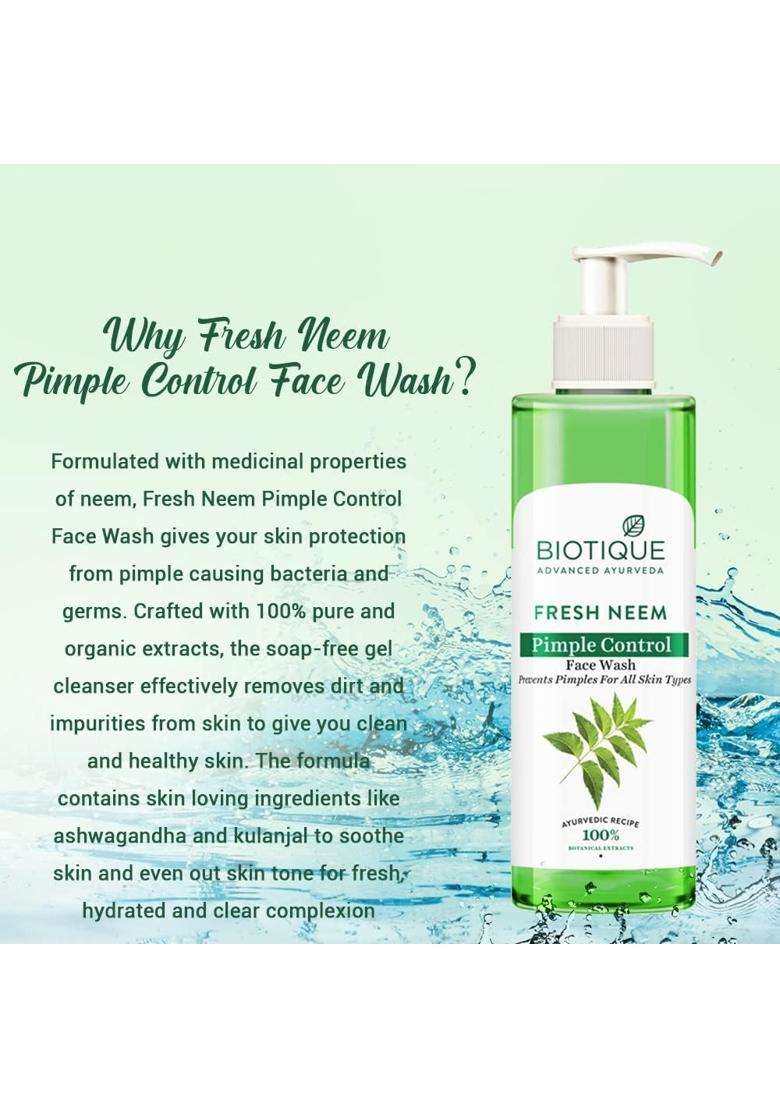 Biotique Fresh Neem Pimple Control Face Wash 200 ml | Authentic Traditional Formula | Ayurvedic and Organically Pure | Prevents Pimples - Indya