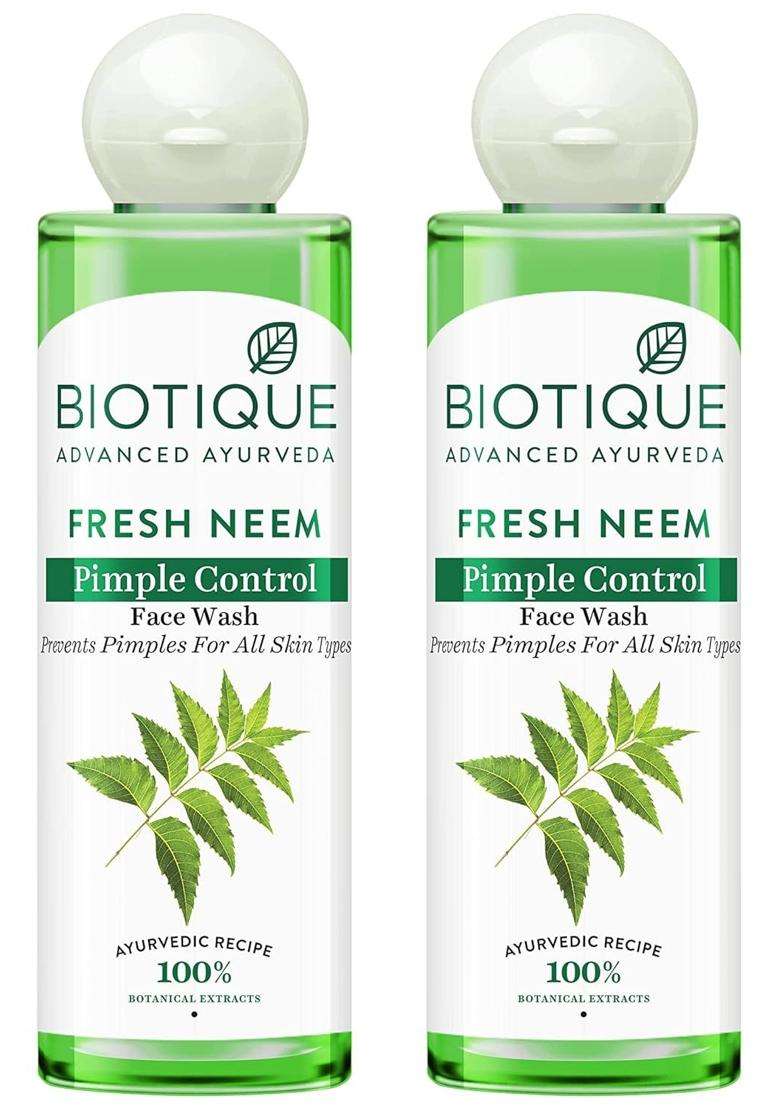 Biotique Fresh Neem Pimple Control Face Wash 200 ml (Pack of 2) | Authentic Traditional Formula | Ayurvedic and Organically Pure | Prevents Pimples - Indya
