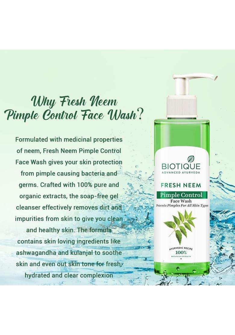 Biotique Fresh Neem Pimple Control Face Wash 200 ml (Pack of 2) | Authentic Traditional Formula | Ayurvedic and Organically Pure | Prevents Pimples - Indya