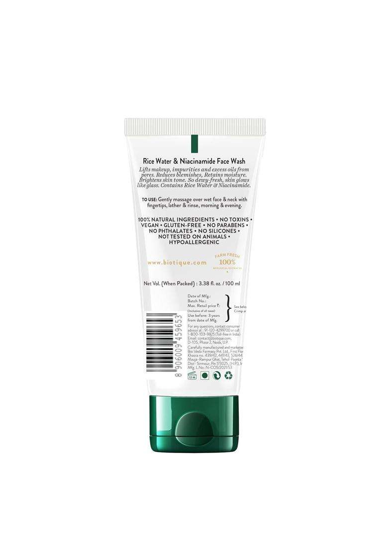 Biotique Rice Water & Niacinamide Gel Face Wash Removes Excess Oils & Reduce Blemishes of the Skin 100 ml | Glass Skin | For Men & Women - Indya