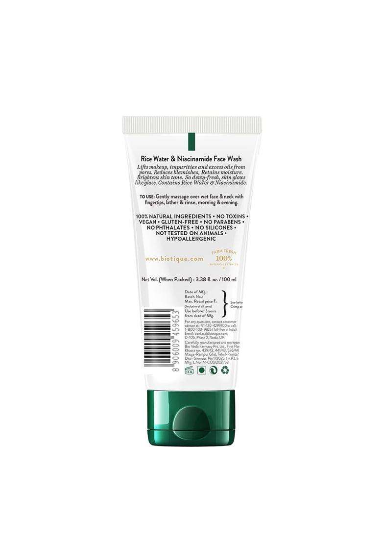 Biotique Rice Water & Niacinamide Gel Face Wash Removes Excess Oils & Reduce Blemishes of the Skin 100 ml | Glass Skin | For Men & Women - Indya
