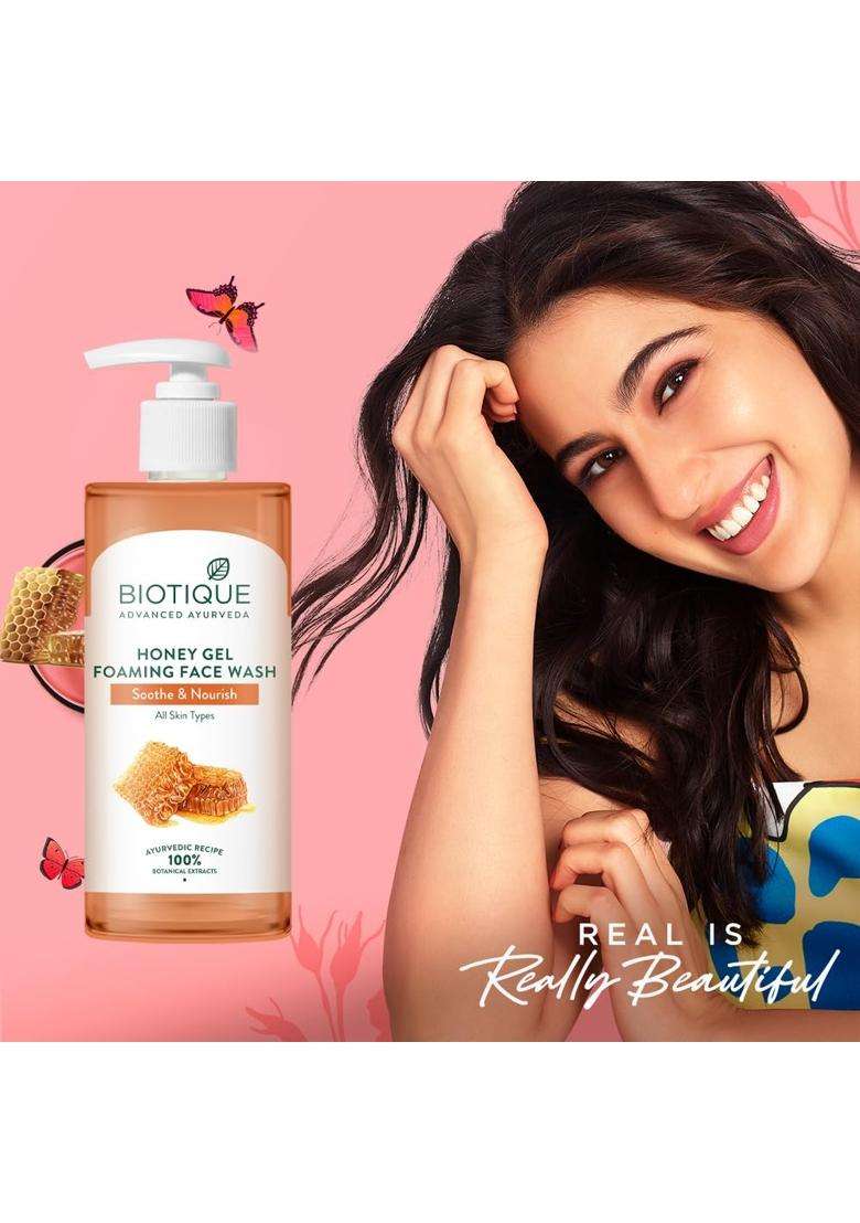 Biotique Honey Gel Soothe & Nourish Foaming Face wash 250 ml | Soap Free Formula | Reduce Dryness | 100% Botanical Extracts - Indya