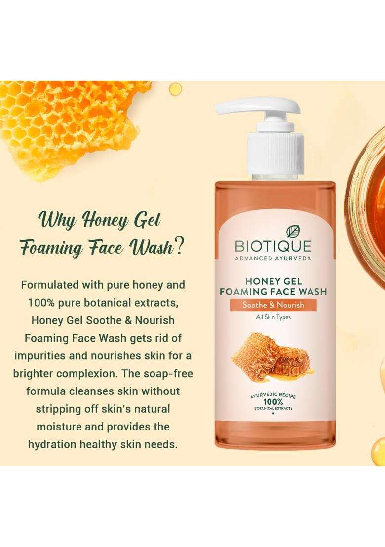 Biotique Honey Gel Soothe & Nourish Foaming Face wash 250 ml | Soap Free Formula | Reduce Dryness | 100% Botanical Extracts - Indya
