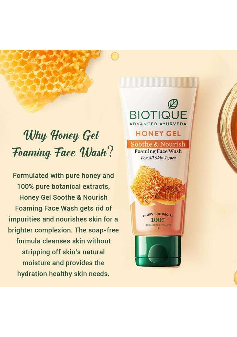 Biotique Honey Gel Soothe & Nourish Foaming Face wash 100 ml | Soap Free Formula | Reduce Dryness | 100% Botanical Extracts - Indya