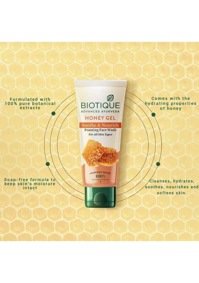 Biotique Honey Gel Soothe & Nourish Foaming Face wash 100 ml | Soap Free Formula | Reduce Dryness | 100% Botanical Extracts - Indya