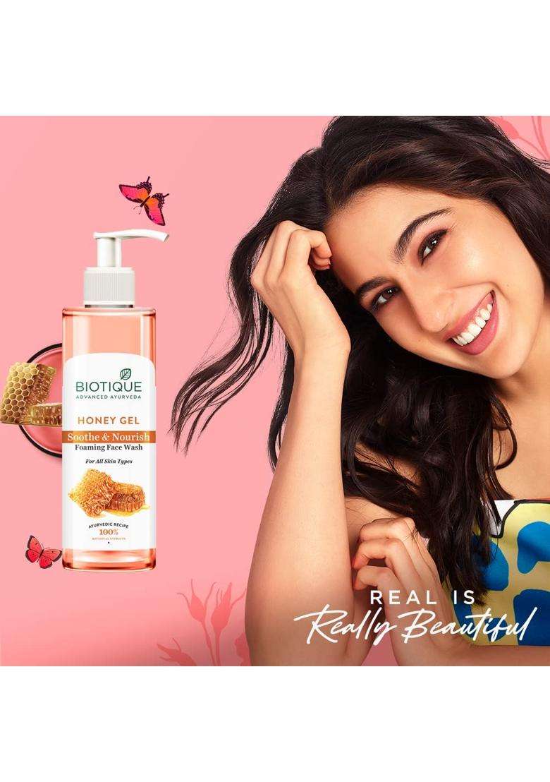 Biotique Honey Gel Soothe & Nourish Foaming Face wash 200 ml | Soap Free Formula | Reduce Dryness | 100% Botanical Extracts - Indya