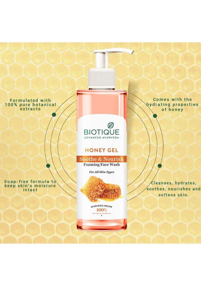 Biotique Honey Gel Soothe & Nourish Foaming Face wash 200 ml | Soap Free Formula | Reduce Dryness | 100% Botanical Extracts - Indya
