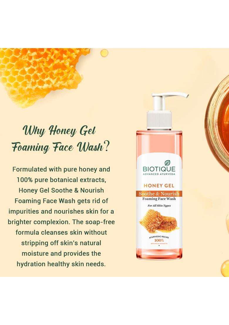 Biotique Honey Gel Soothe & Nourish Foaming Face wash 200 ml | Soap Free Formula | Reduce Dryness | 100% Botanical Extracts - Indya