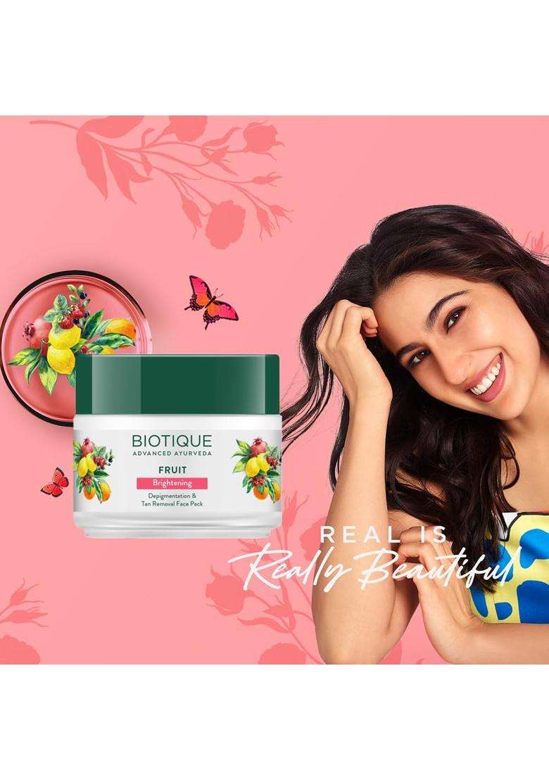 Biotique Fruit Brightening Depigmentation and Tan Removal Face Pack 100 g jar | Authentic Traditional Formula | Ayurvedic and Organically Pure - Indya