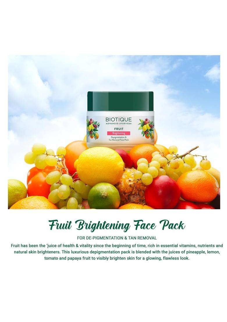 Biotique Fruit Brightening Depigmentation and Tan Removal Face Pack 100 g jar | Authentic Traditional Formula | Ayurvedic and Organically Pure - Indya