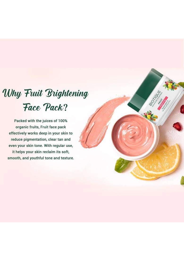 Biotique Fruit Brightening Depigmentation and Tan Removal Face Pack 100 g jar | Authentic Traditional Formula | Ayurvedic and Organically Pure - Indya