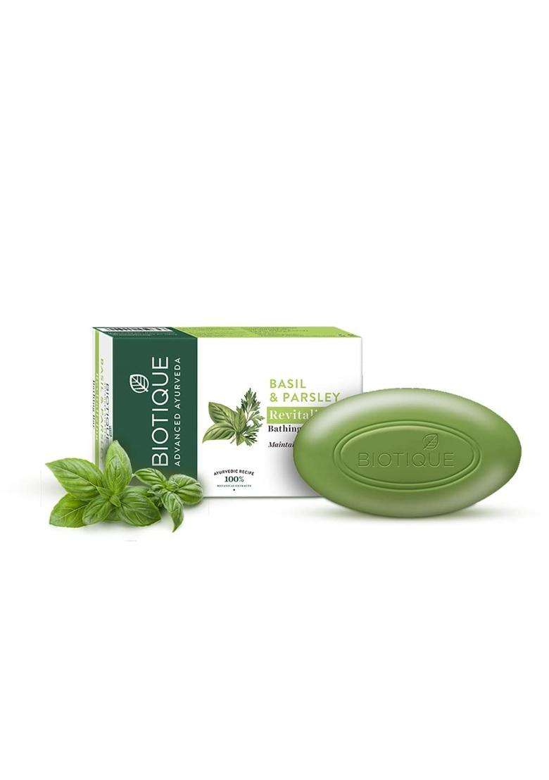 Biotique Basil & Parsley Revitalizing Bathing Bar 75 g | Authentic Traditional Formula | Ayurvedic and Organically Pure | Maintains Skin’s Natural pH - Indya