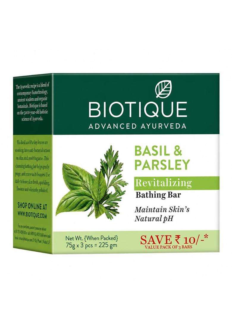 Biotique Basil & Parsley Revitalizing Bathing Bar 150 g 3, 225 g (3 x 75 g) | Authentic Traditional Formula | Ayurvedic and Organically Pure - Indya