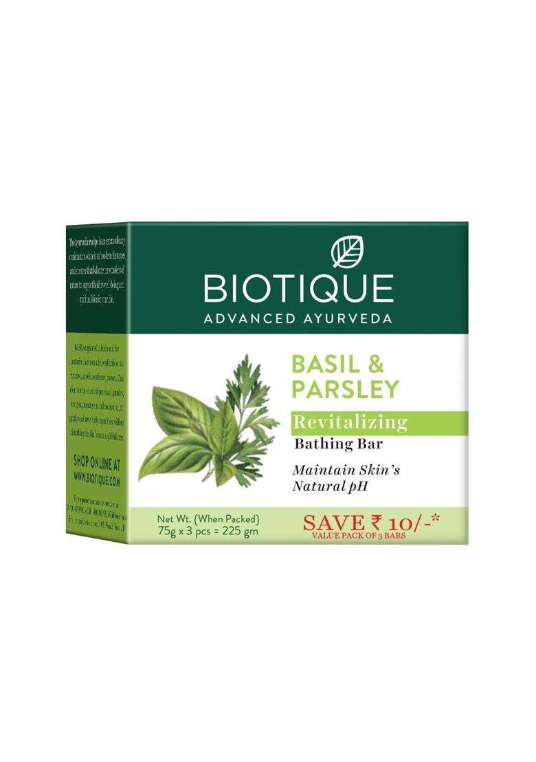 Biotique Basil & Parsley Revitalizing Bathing Bar 150 g 3, 225 g (3 x 75 g) | Authentic Traditional Formula | Ayurvedic and Organically Pure - Indya
