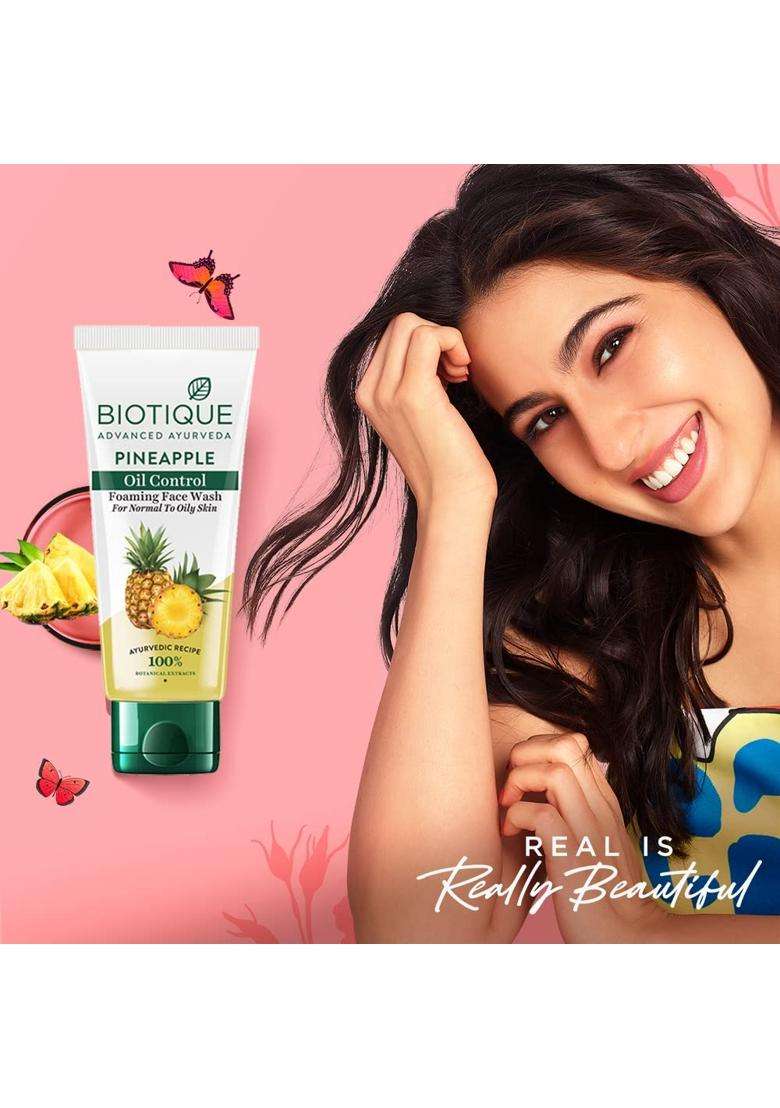 Biotique Pineapple Oil Control Foaming Face Wash 150 ml | Hydrates dry skin | Eliminates Excess Oil | Evens Skin Tone | 100% Botanical Extracts - Indya
