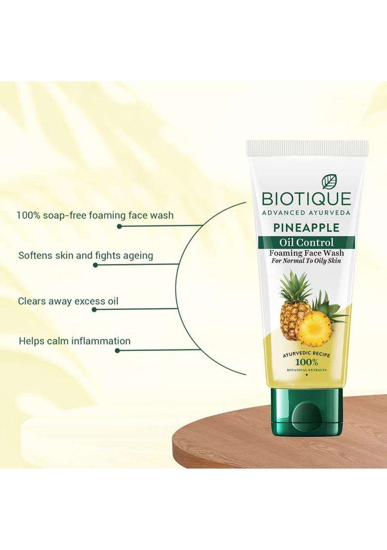 Biotique Pineapple Oil Control Foaming Face Wash 150 ml | Hydrates dry skin | Eliminates Excess Oil | Evens Skin Tone | 100% Botanical Extracts - Indya