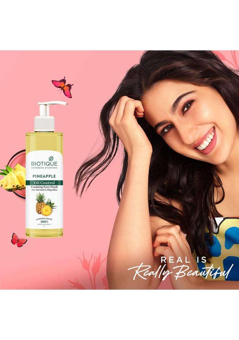 Biotique Pineapple Oil Control Foaming Face Wash 200 ml | Hydrates dry skin | Eliminates Excess Oil | Evens Skin Tone | 100% Botanical Extracts - Indya