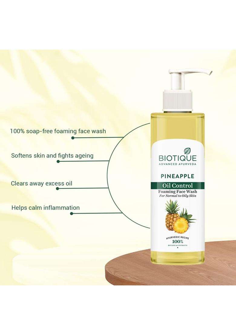 Biotique Pineapple Oil Control Foaming Face Wash 200 ml | Hydrates dry skin | Eliminates Excess Oil | Evens Skin Tone | 100% Botanical Extracts - Indya