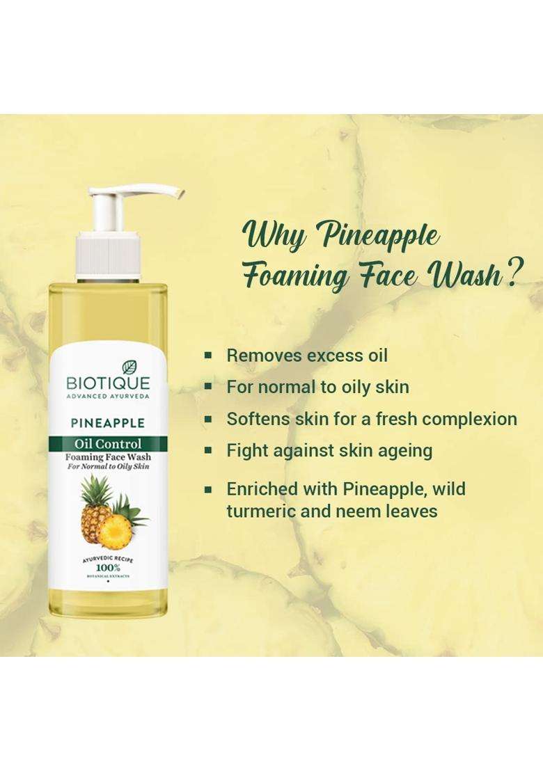Biotique Pineapple Oil Control Foaming Face Wash 200 ml | Hydrates dry skin | Eliminates Excess Oil | Evens Skin Tone | 100% Botanical Extracts - Indya