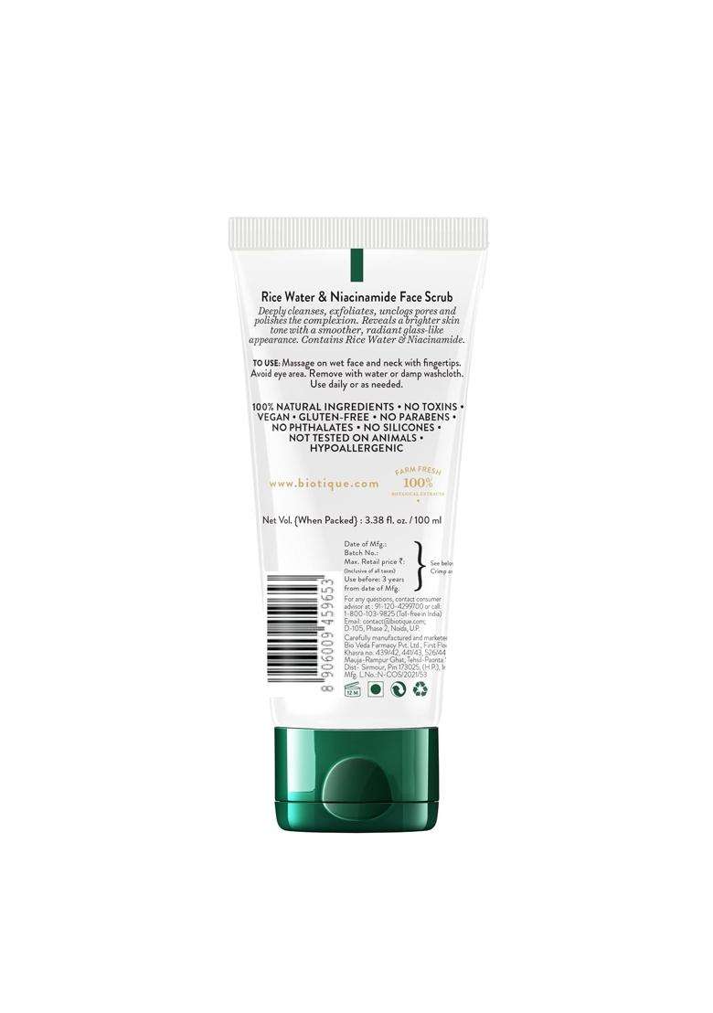 Biotique Rice Water & Niacinamide Deep Cleanse Gel Face Scrub for Smoother, Radiant and Brighter Skin For Men & Women- 100 ml | Glass Skin - Indya