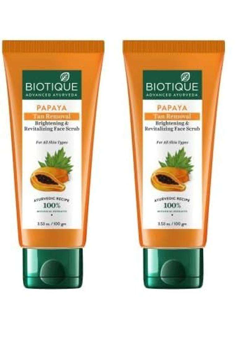 Biotique Papaya Tan Removal Brightening & Revitalizing Face Scrub 100g (Pack of 2) | Gentle Exfoliation | Smooth and Clear Complexation - Indya