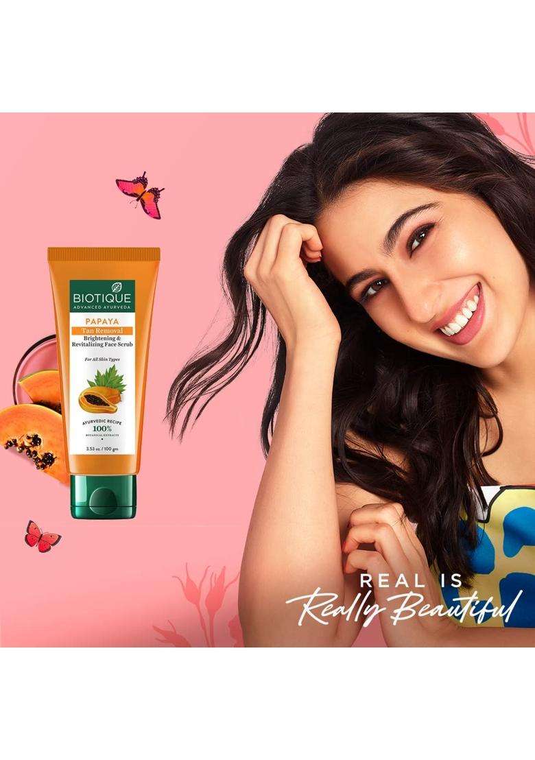 Biotique Papaya Tan Removal Brightening & Revitalizing Face Scrub 100g (Pack of 2) | Gentle Exfoliation | Smooth and Clear Complexation - Indya