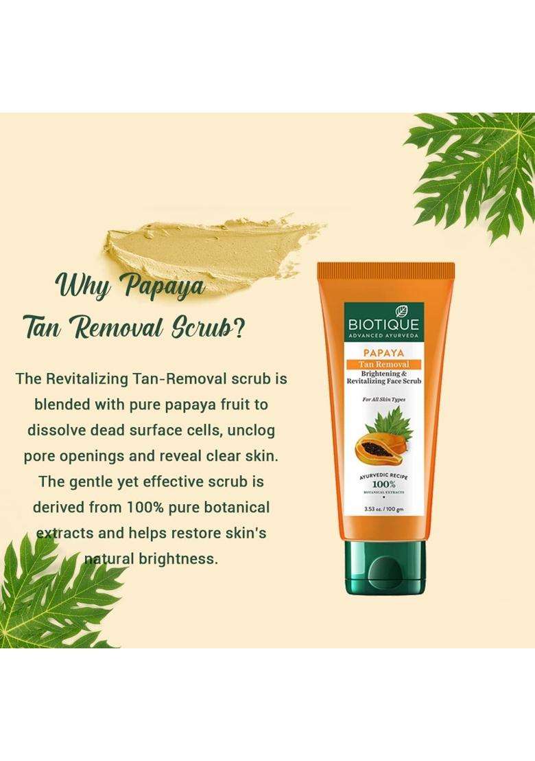 Biotique Papaya Tan Removal Brightening & Revitalizing Face Scrub 100g (Pack of 2) | Gentle Exfoliation | Smooth and Clear Complexation - Indya