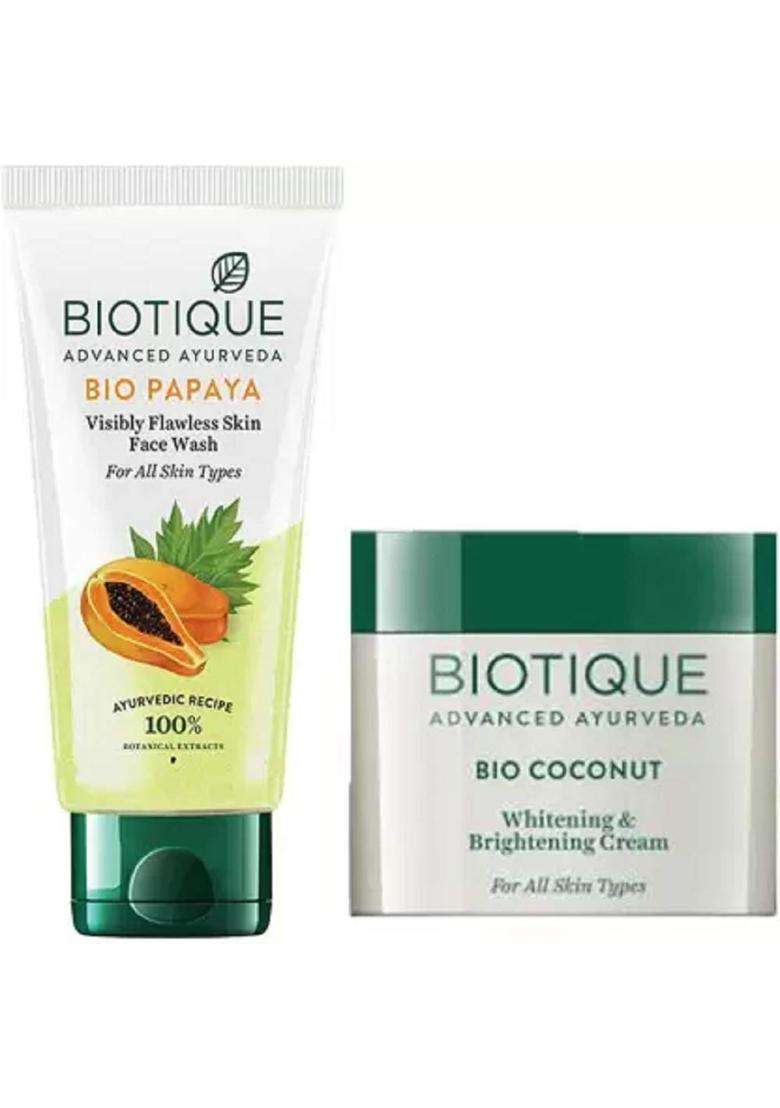 Biotique Youthfull Skin Care Pack 100 ml | Bio Papaya Face Wash100 ml, Bio Coconut Whitening & Brightening Cream 50 g (1 Items in the set) - Indya