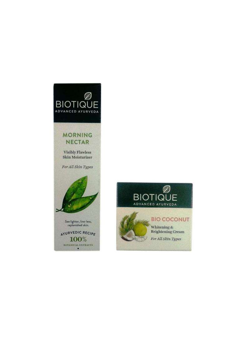 Biotique Morning Nectar Visibly Flawless Skin Moisturizer 120 ml+Biotique BIO Coconut Whitening & Brightening Cream 50 g - Indya