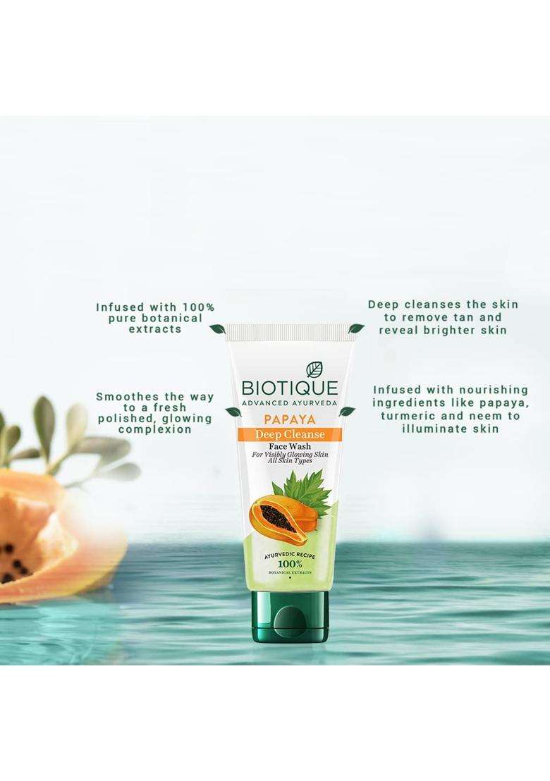 Biotique Papaya Deep Cleanse Face Wash 2x100 ml (Pack of 2) | Gentle Exfoliation | Visibly Glowing Skin | 100% Botanical Extracts - Indya